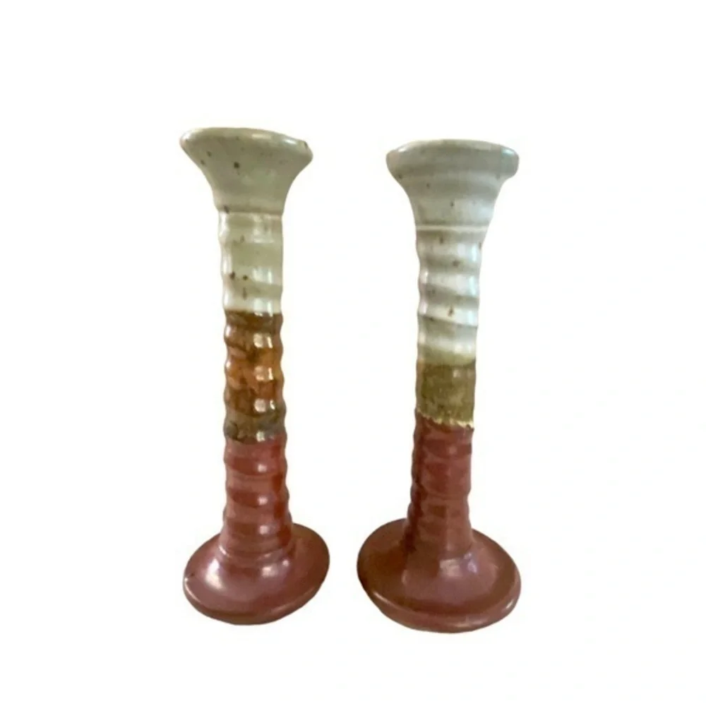 Handmade Artisan Pottery Candlesticks Pair of Two Earthy Color Tones